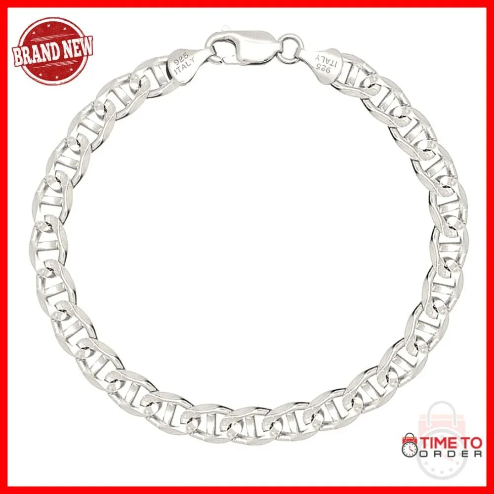 Sterling Silver Mariner Link Chain Bracelet 8 Inch 6mm Lobster Clasp